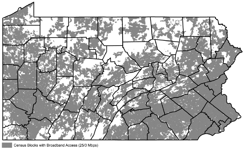 Pennsylvania Map Showing Census Blocks with Residential Broadband Access, 2016