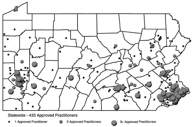 Pennsylvania Map Showing Location of Approved Medical Marijuana Practitioners (as of February 2018)