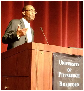 Dr. Livingston Alexander, president of the University of Pittsburgh-Bradford and Center board member, welcomed more than 100 attendees to the April 1 public hearing on heroin at Pitt-Bradford.