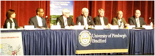 Panelists at the Pitt-Bradford hearing were (l to r) Dr. Nancy Falvo, Center board secretary; Dr. Alexander; Barry Denk, Center director; Sen. Gene Yaw, Center board chairman; Sen. John Wozniak, Center board vice chairman; Rep. Garth Everett, Center board treasurer; and Rep. Martin Causer.