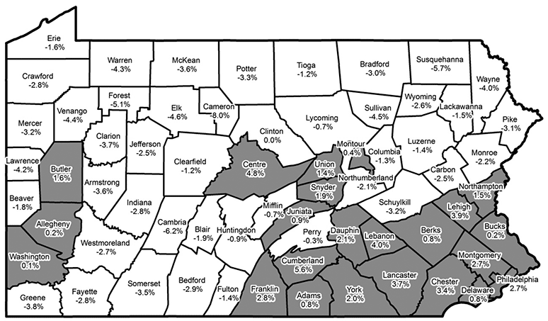 Map Showing Pennsylvania Population Change by County, 2010 to 2016