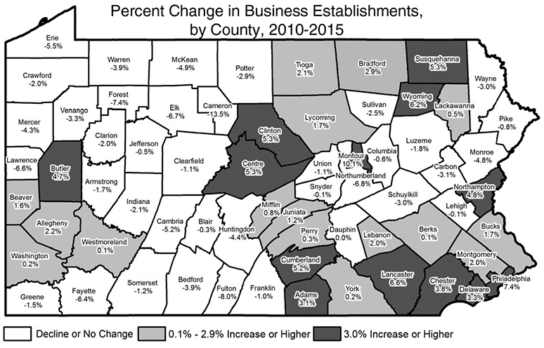 Percent Change in Business Establishments, by County, 2010-2015