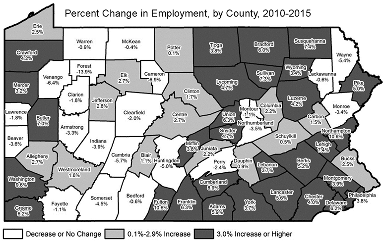 Percent Change in Employment, by County, 2010-2015