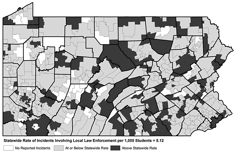Pennsylvania Map Showing Number of School Safety Incidents Involving Local Law Enforcement per 1,000 Students, by School District, 2015-16