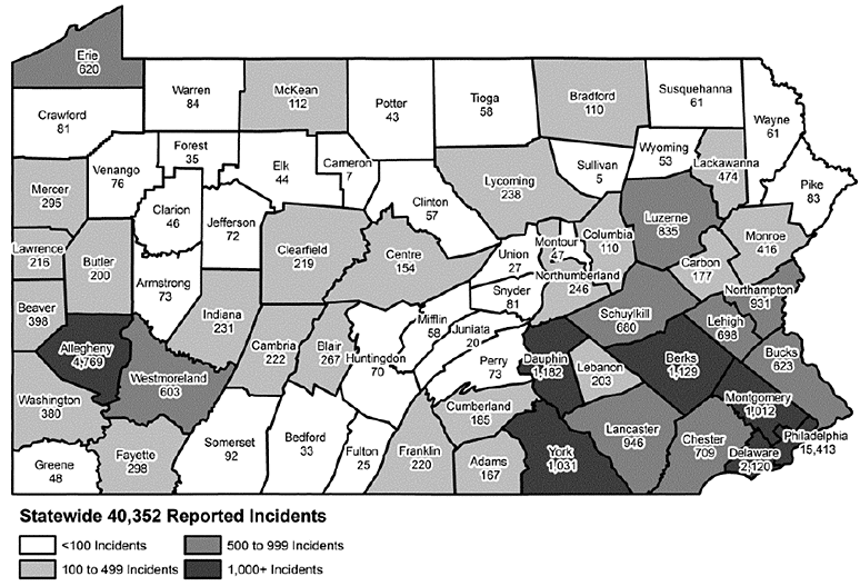 Pennsylvania Map Showing Number of Reported Violent Crimes, 2016