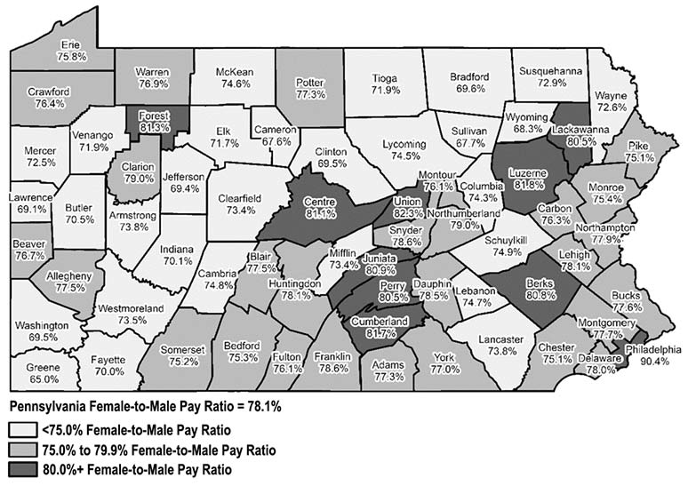 Percentage of Female Pay to Male Pay, by County, 2017