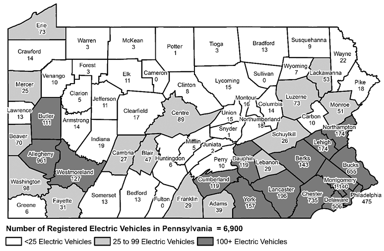 Number of Registered Electric Vehicles in Pennsylvania, by County, 2018