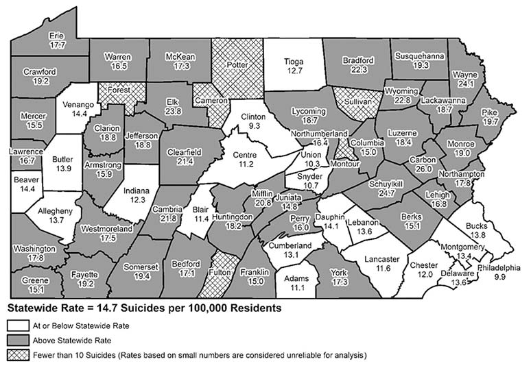 Pennsylvania Map Showing Suicide Rates by County, 2014-2016 (Number of Suicides per 100,000 Residents) 