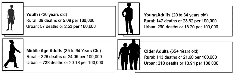 Infographic Showing Number of Rural and Urban Pennsylvania Suicide Deaths by Age, 2016