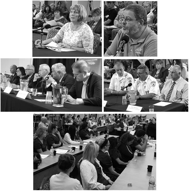 Pictured clockwise from top left: Debbie Friday, parent; Apollo Mayor Jeffrey Held; Indiana Co. Coroner Jerry Overman, and Randy Thomas and Daniel Christy, Citizen's Ambulance Service; Indiana University nursing students; and Sen. Patrick Stefano, Dr. Nancy Falvo, Barry Denk, Sen. Gene Yaw, Sen. Don White, and Sen. Scott Hutchinson.