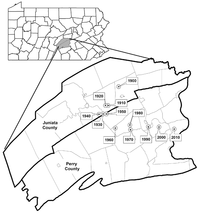 Mean Center of Pennsylvania's Population, 1900 to 2010