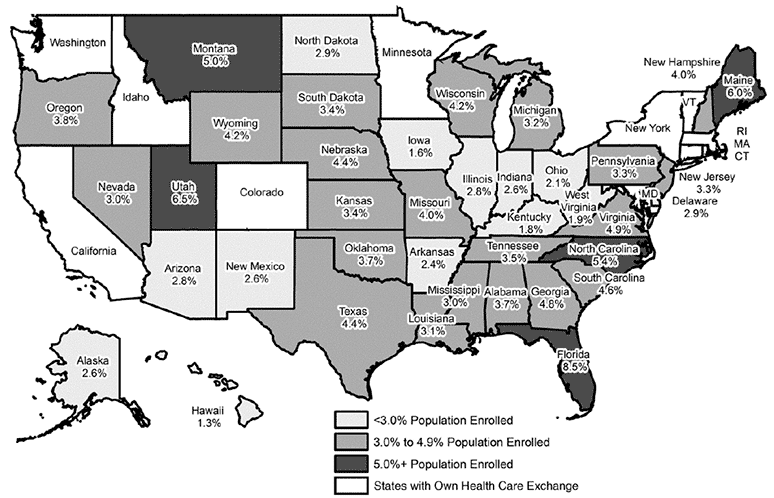 US Map Showing Percent of U.S. Residents Enrolled in Affordable Care Act Health Insurance Marketplace, 2017