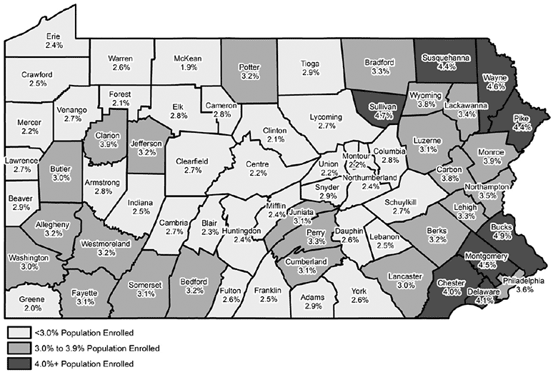 Pennsylvania Map Showing Percent of Pennsylvania Residents Enrolled in Affordable Care Act Health Insurance Marketplace, by County, 2017