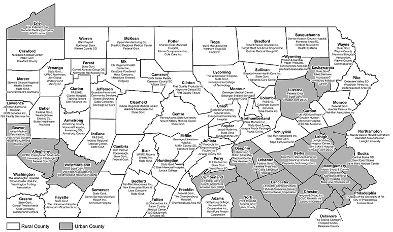 Pennsylvania Map Showing Top Three Employers by County in Pennsylvania, First Quarter 2018