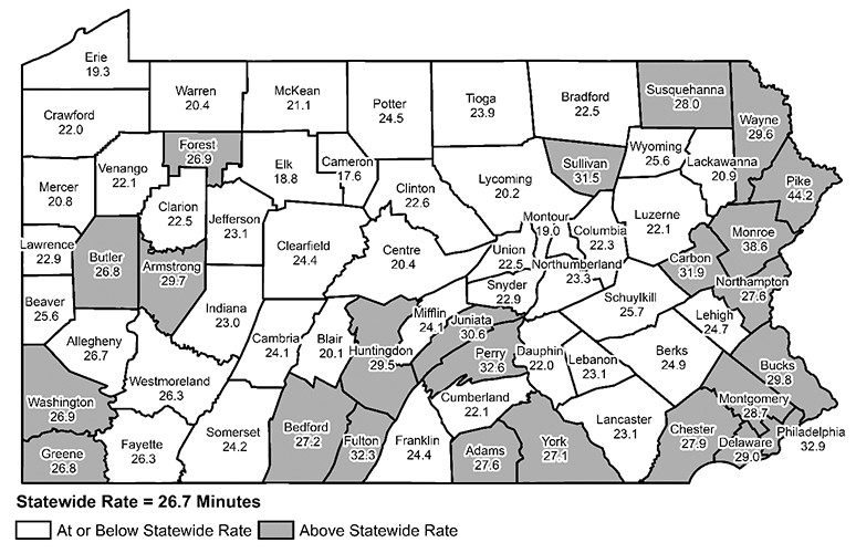 Pennsylvania Map Showing Average Commute Time (in Minutes) by County, 2017