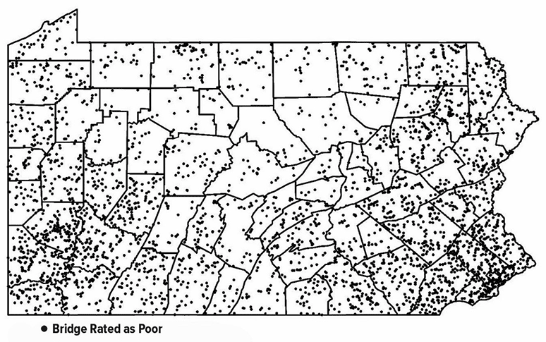 Map: Location of Pennsylvania Bridges Rated as €œPoor,€ 2020