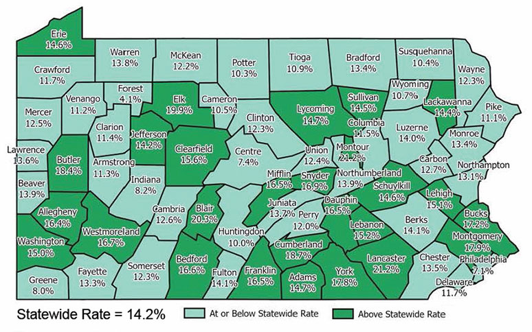 Pennsylvania Map: Youth Employment as Percent of All Youth, by County, Second Quarter 2020