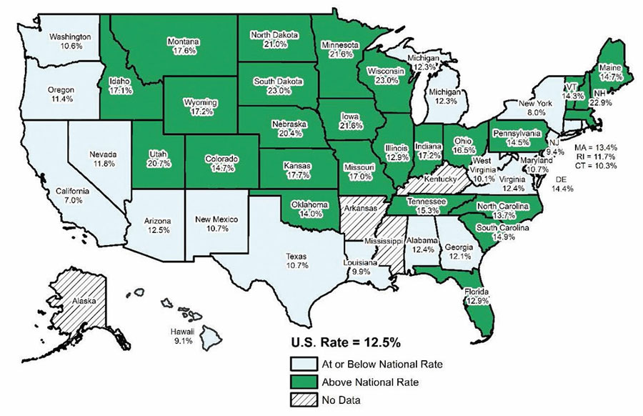 United States Map: Youth Employment as Percent of All Youth, by State, First Quarter 2020