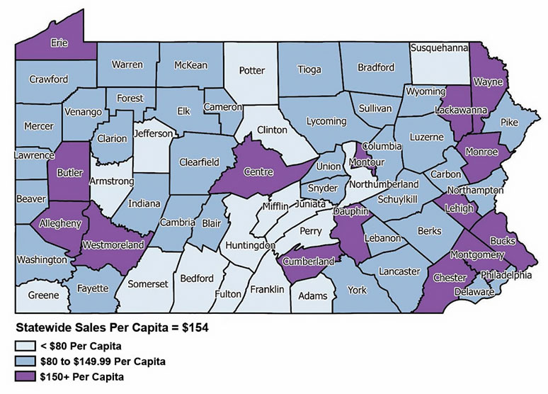Pennsylvania Map: Wine and Spirits Sales Per Capita, FY 2019-2020, by County