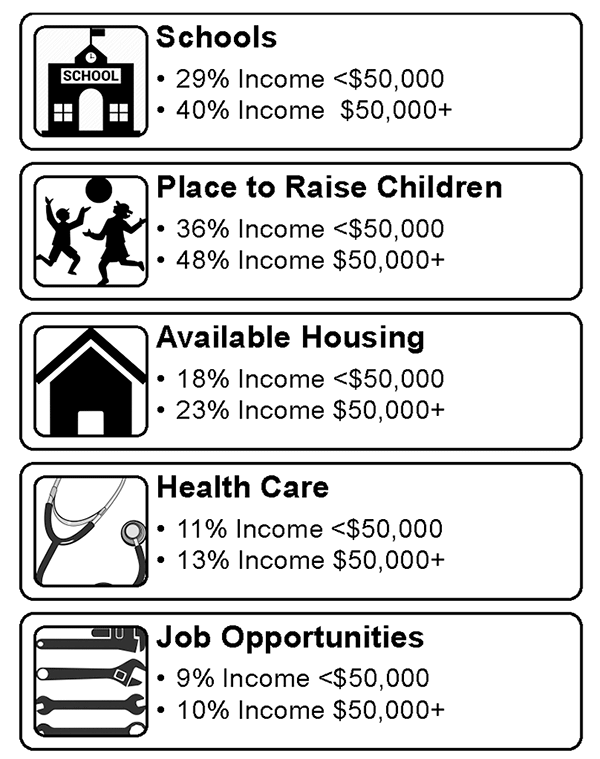 Infographic Showing Percent of Rural Young Adults, by Income, Who Rated the Following Indicators in their Community as €œHigh€ Quality, 2019