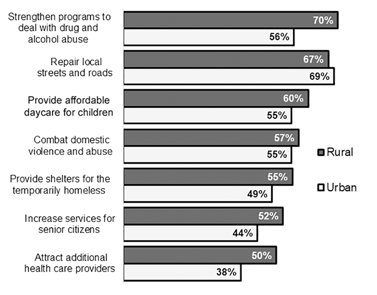 Graph Showing Percent of Rural and Urban Young Adults Who Said the Following Issues Should be Given a Higher Priority in their Community, 2019