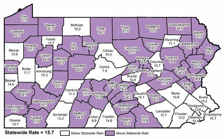 Pennsylvania Map: Suicide Rates per 100,000 Residents, by County, 2018