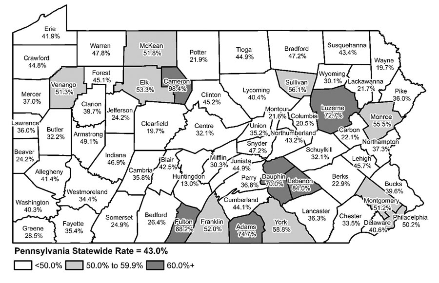 Map Showing Percent of Pennsylvania Population, by County, with Public Library Cards, 2018