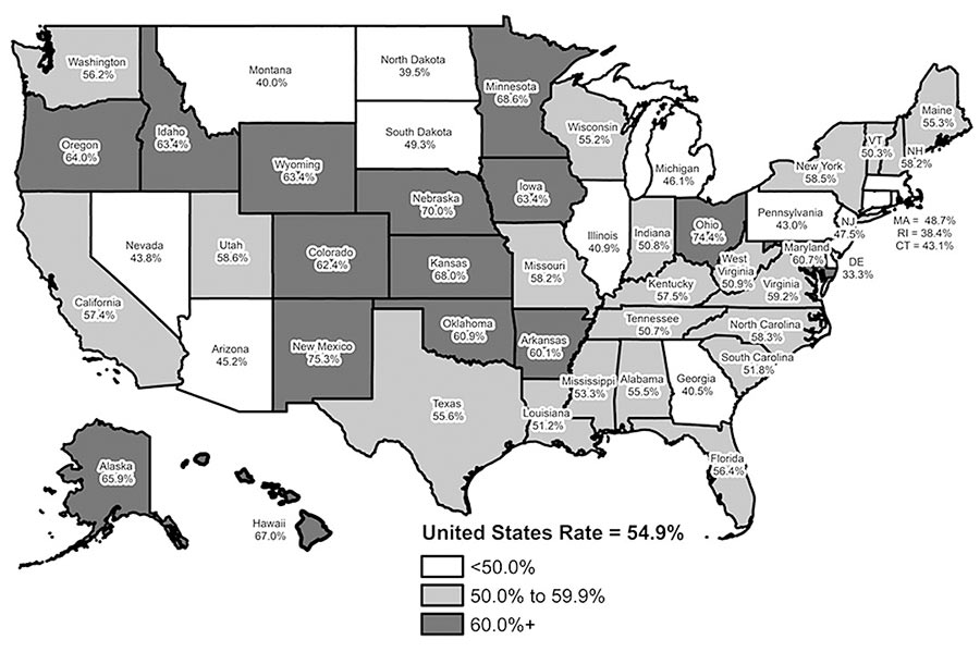 Map Showing Percent of U.S. Population, by State, with Public Library Cards, 2018