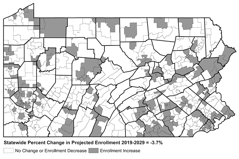 Map Showing Projected Enrollment Changes in PA School Districts, 2019-2029