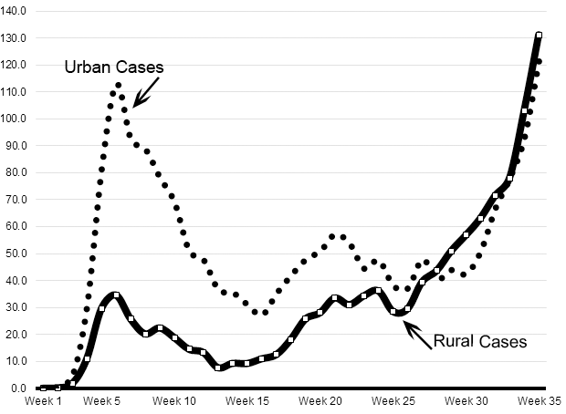 Graph: Weekly Number of COVID-19 Cases per 100,000 Rural and Urban Pennsylvania Residents, March 1, 2020 to October 31, 2020