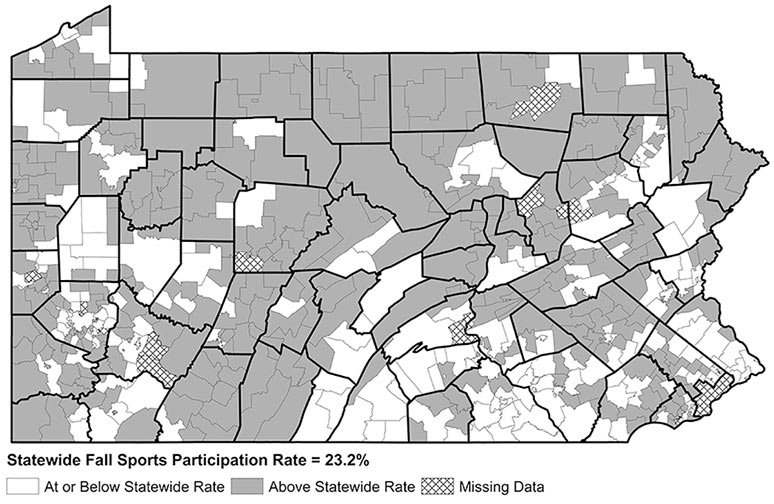 Pennsylvania Map: Fall Sports Participation Rate by School District, 2018-2019