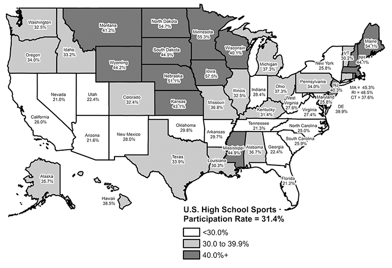 United States Map: School Sports Annual Participation Rates by State, 2018-2019